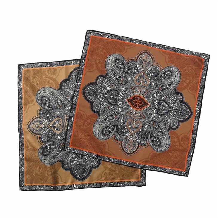 Artisan Silk Jacquard Pocket Square Set - 2-Piece Paisley Medallion Design in Rust & Gold