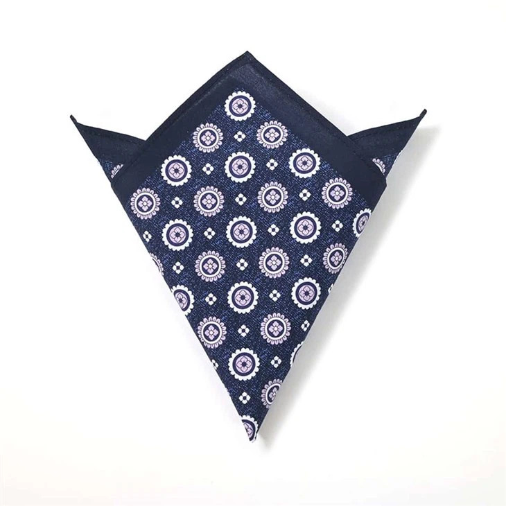 Digital Printed Men’s Pocket Squares – Navy Blue & Purple Circular Patterns Premium Handkerchiefs
