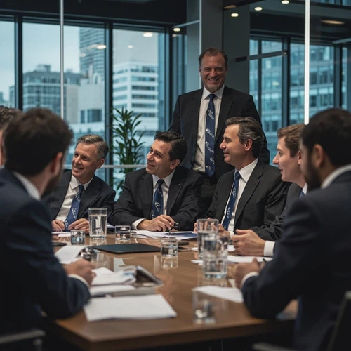 A diverse group of professionals in a boardroom, all wearing matching corporate ties with a company logo A diverse group of professionals in a boardroom, all wearing matching corporate ties with a company logo