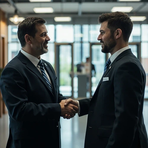 A professional handshake between a client and a company representative, focusing on the representative's branded tie A professional handshake between a client and a company representative, focusing on the representative's branded tie