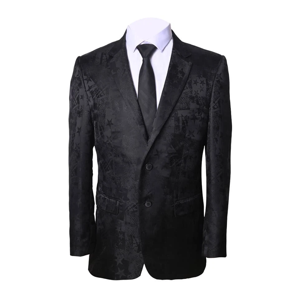 Mens Black Star Embroidery Blazer with White Shirt Black Tie 1 Mens Black Star Embroidery Blazer with White Shirt Black Tie 1