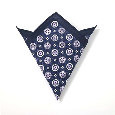 Digital Printed Men’s Pocket Squares – Navy Blue & Purple Circular Patterns Premium Handkerchiefs